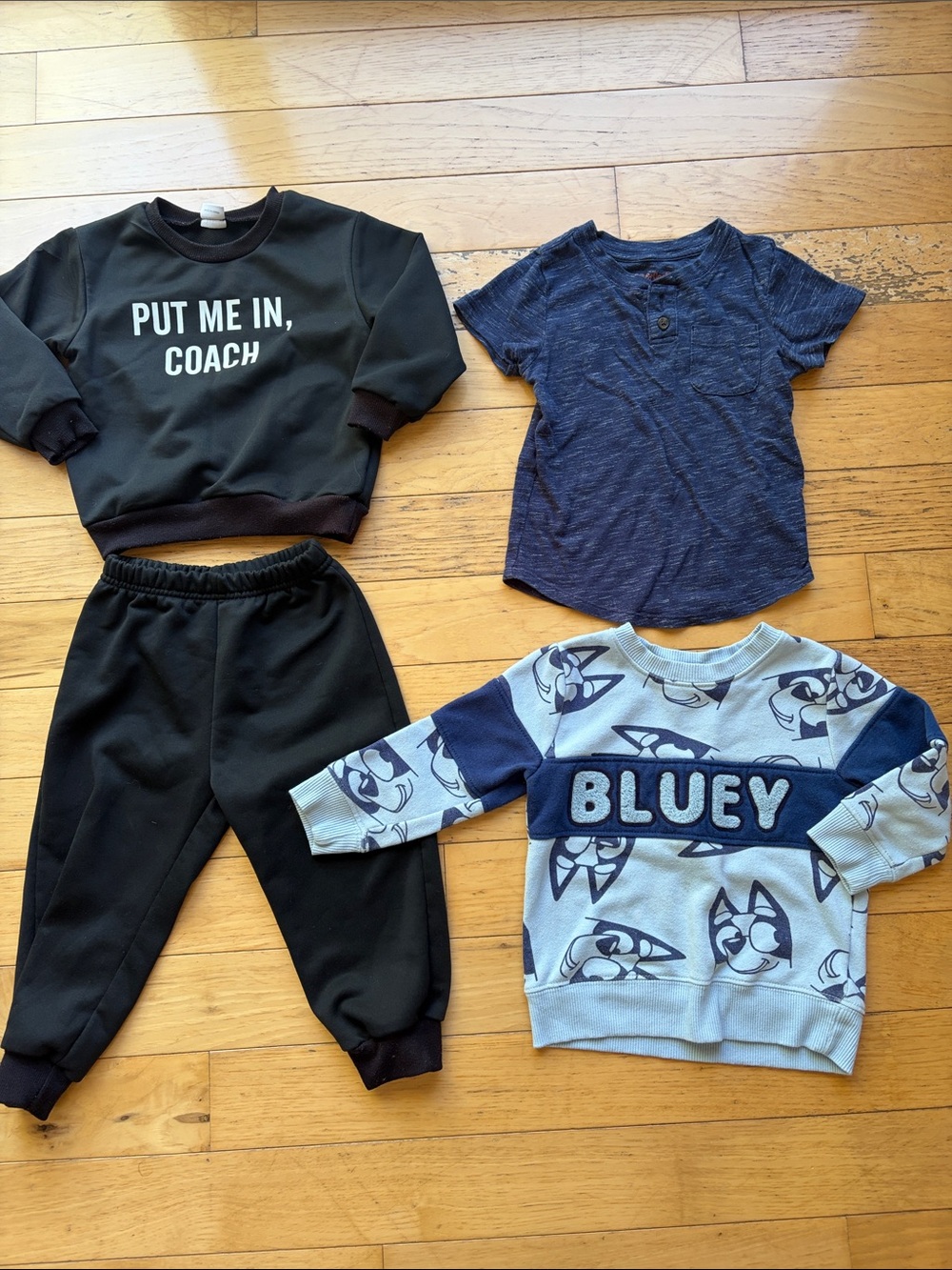 18-24mo Black matching sweats, 2T Bluey Sweatshirt and 2T Navy Blue Henley Tee